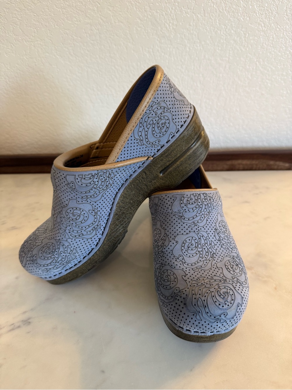 Dansko Light Blue Perforated Floral Clog with Tan Trim - Picture 7 of 7